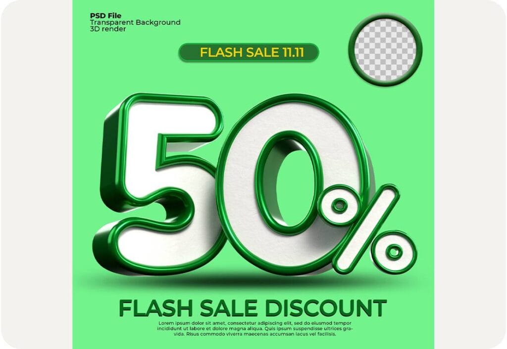 3D Render 50% Number in Green and White Colors Psd Mockup