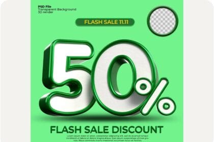 3D Render 50% Number in Green and White Colors Psd Mockup