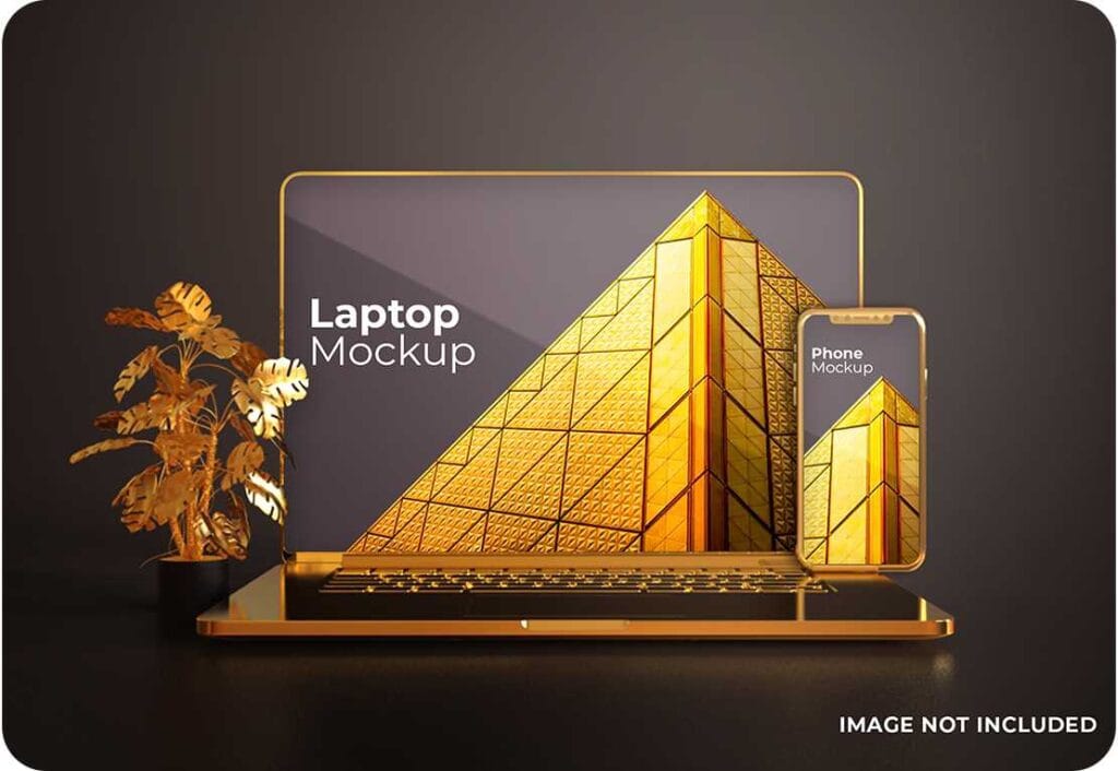 Gold MacBook Pro and Smartphone PSD Mockup