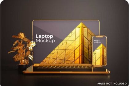 Gold MacBook Pro and Smartphone PSD Mockup