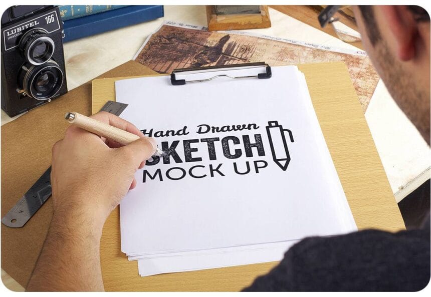 Hand-Drawn Sketch PSD Mockup Scene 14 Free