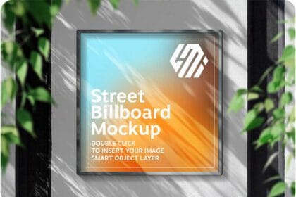 PSD Square Billboard Hanging on Sunlit Wall Mockup