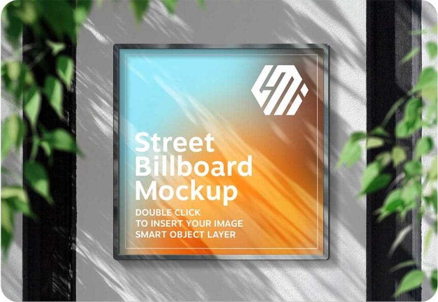 PSD Square Billboard Hanging on Sunlit Wall Mockup