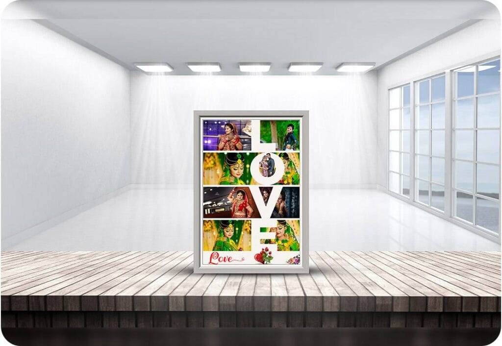 Free PSD 3D Picture Frame Mockup on Wooden Table in White Empty Room