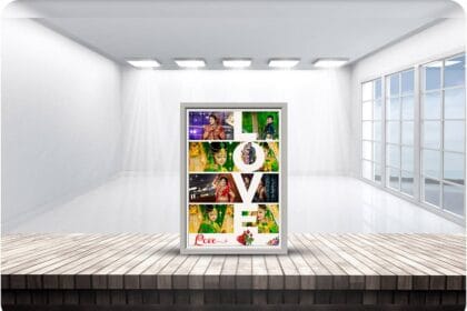 Free PSD 3D Picture Frame Mockup on Wooden Table in White Empty Room