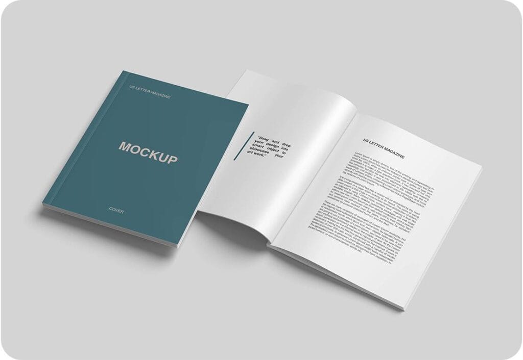High Angle View PSD US Letter Size Magazine and Cover Mockup 6444128