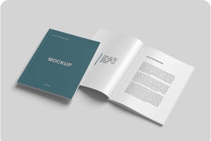 High Angle View PSD US Letter Size Magazine and Cover Mockup 6444128