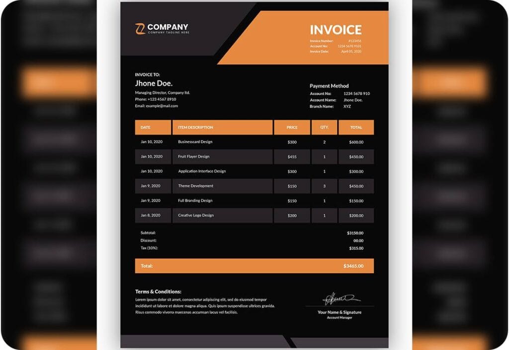 Minimal Corporate Dark with Orange Business Invoice Template 11164007
