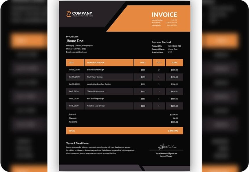 Minimal Corporate Dark with Orange Business Invoice Template 11164007