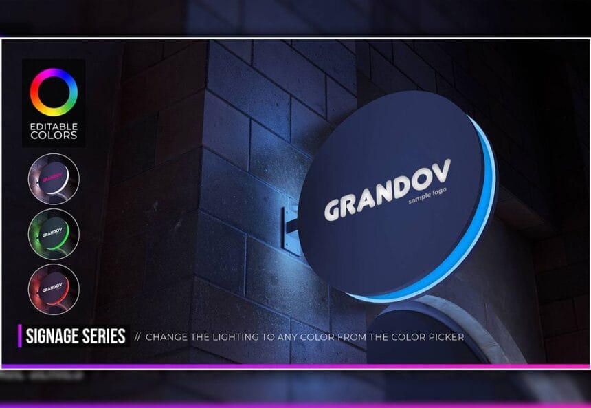 Night Environment PSD Circle Logo Mockup Hang Sign