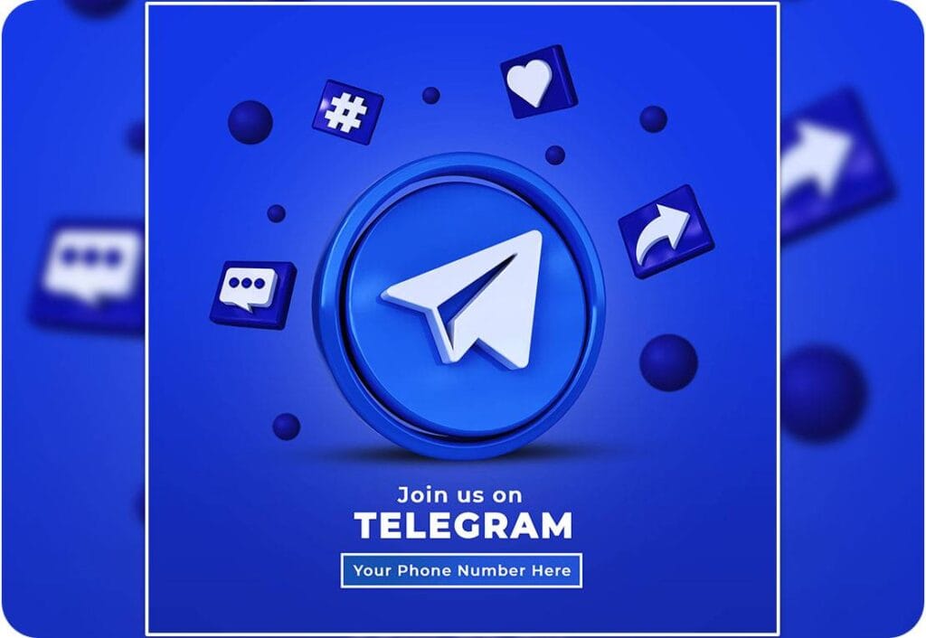 PSD Follow Us on Telegram Social Media Square Banner with 3D Logo and Profile Link 13509256