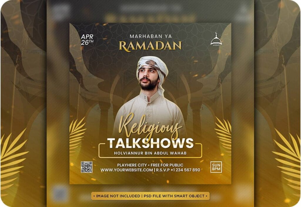 PSD a poster for ramadan talk social media with a religious teacher as speaker