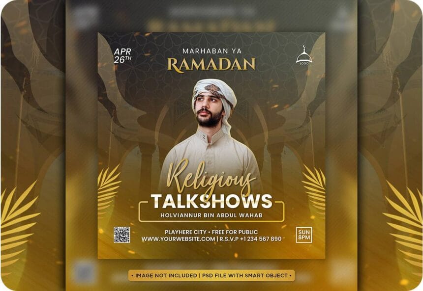 PSD a poster for ramadan talk social media with a religious teacher as speaker