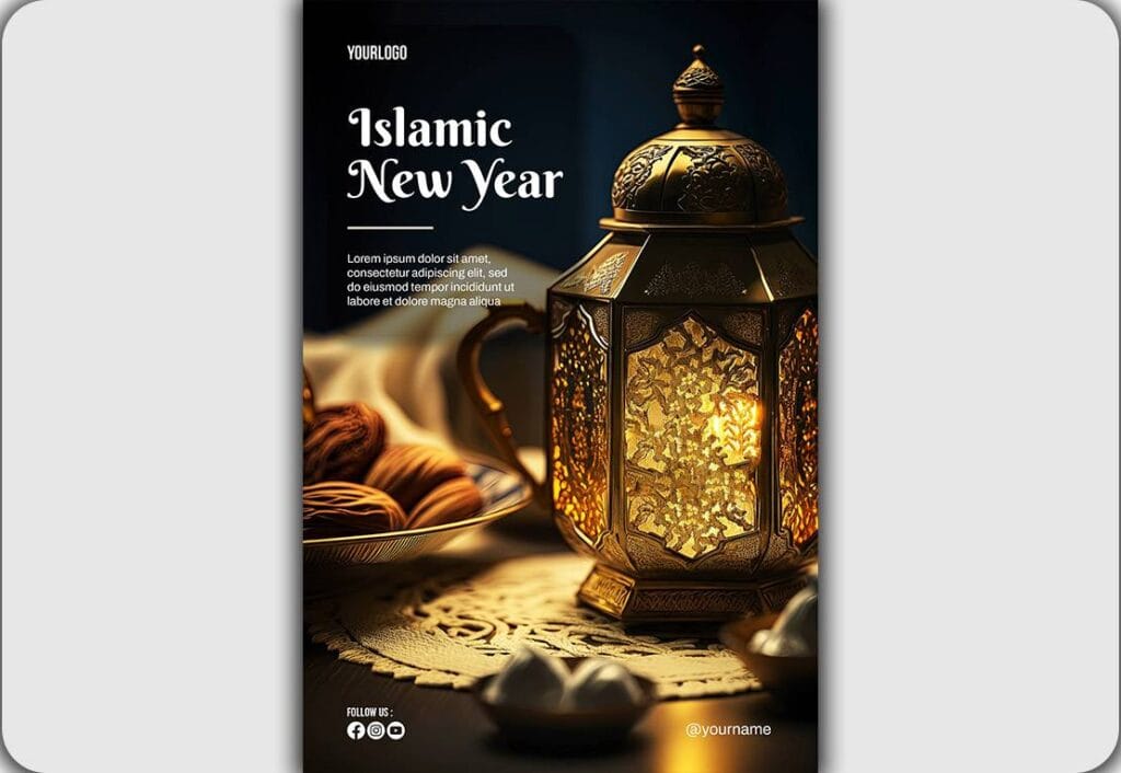 PSD happy islamic new year poster with lantern and dates background