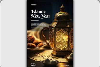 PSD happy islamic new year poster with lantern and dates background