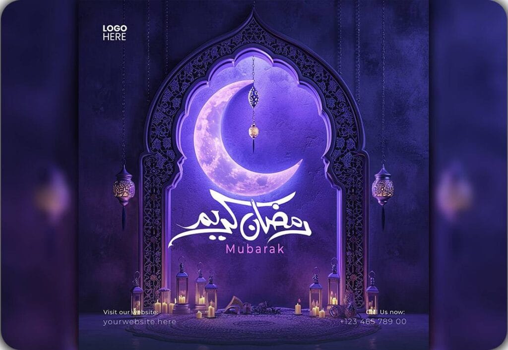 Ramadan Kareem and Eid Mubarak Social Media Post PSD Template with Purple Background