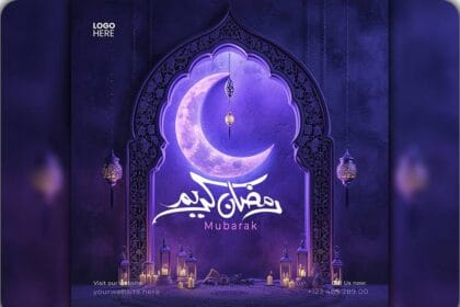 Ramadan Kareem and Eid Mubarak Social Media Post PSD Template with Purple Background
