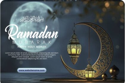 Ramadan Mubarak PSD Template Blue Moon with Realistic Ramadan Lamp 138493255