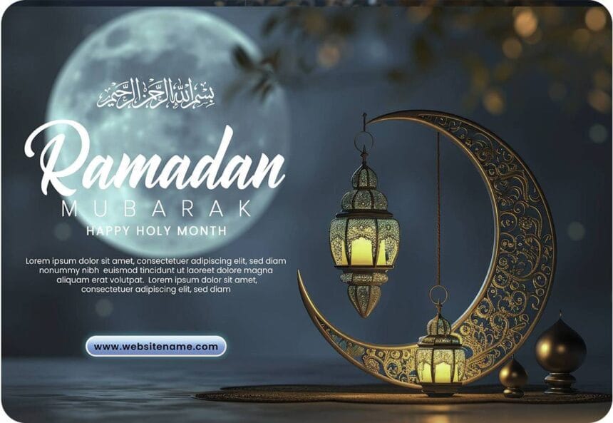 Ramadan Mubarak PSD Template Blue Moon with Realistic Ramadan Lamp 138493255