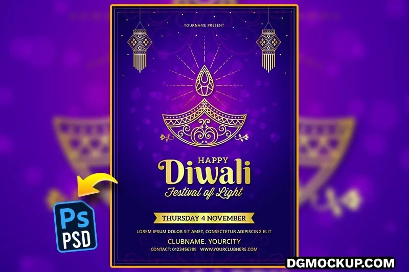DGMOCKUP Diwali Festival Flyer Ready for Print in Purple Color PSD Preview