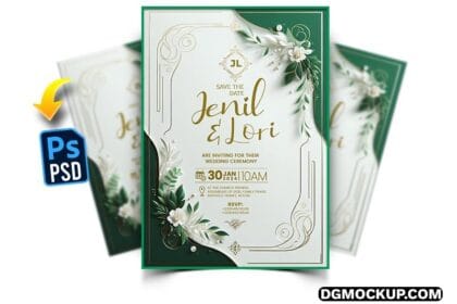 DGMOCKUP Luxury Emerald Green and Golden Wedding Invitation PSD Template Preview