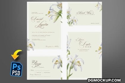 Vintage Wedding Invitation Set With White Flower PSD Template Preview