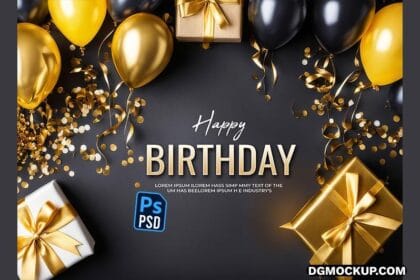 Happy Birthday Banner with Elegant Golden Balloons and Gift Boxes PSD Preview