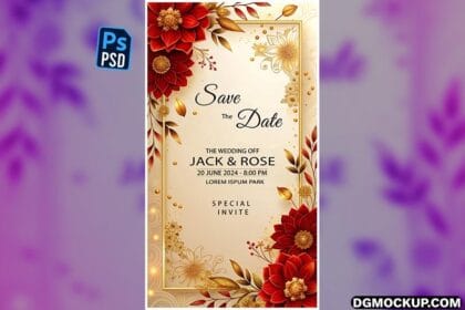 Red Romantic Wedding Invitation Card PSD Template Preview