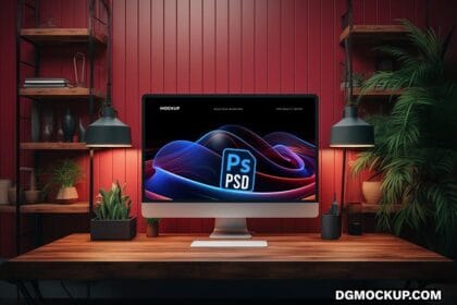 Silver iMac on Wooden Desk Mockup Free PSD Preview