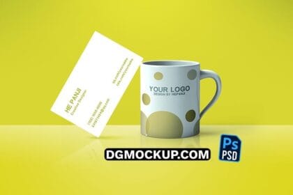 Clean White Mug with Business Card Free PSD Mockup Template Preview