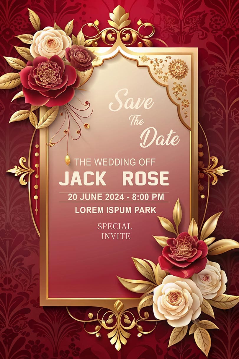 DGMOCKUP Wedding Invitation Card with Gold Frame and Red Roses