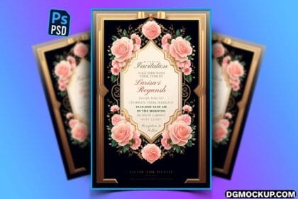 Free Elegant Wedding Invitation Card Template Set - Pink Roses & Green Leaves Design PSD Preview
