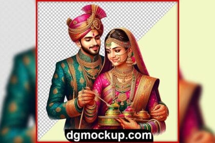 Indian Wedding Couple Standing Wearing Silk Saree and Sherwani Free PSD Preview