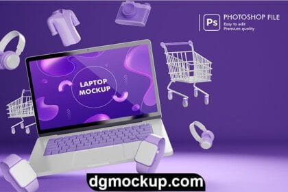 Online Shopping Objects Around Laptop - Free PSD Template Preview