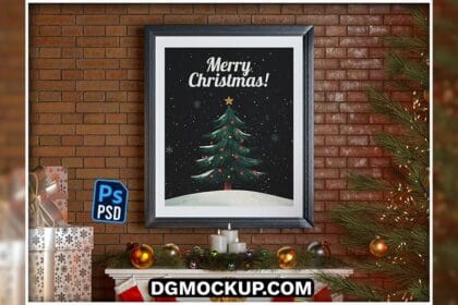 Poster Frame in Christmas Decoration Room Free PSD Mockup Preview