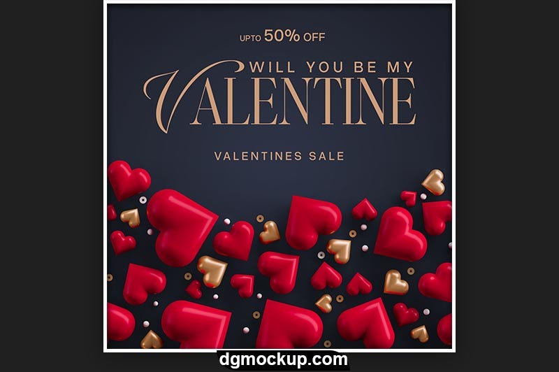 Happy Valentine's Day with 3D Hearts Free PSD Social Media Post Template Free Preview