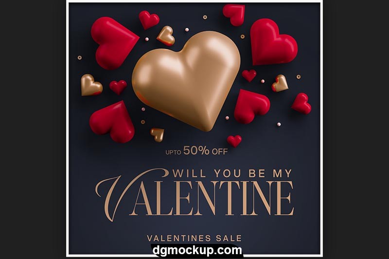 Happy Valentine's Day with 3D Hearts Free PSD Social Media Post Template Preview