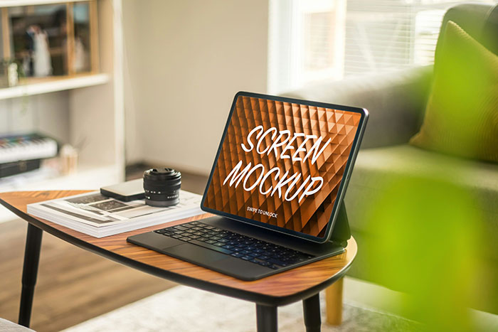 Tablet in Living Room PSD Mockup