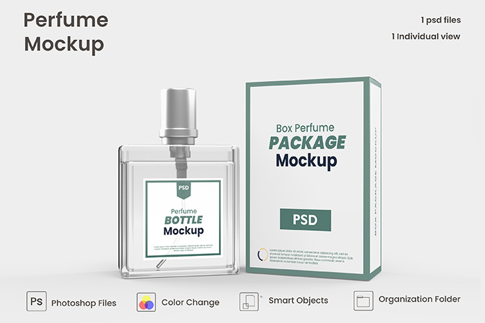 Perfume Box and Glass Bottle Packaging PSD Mockup