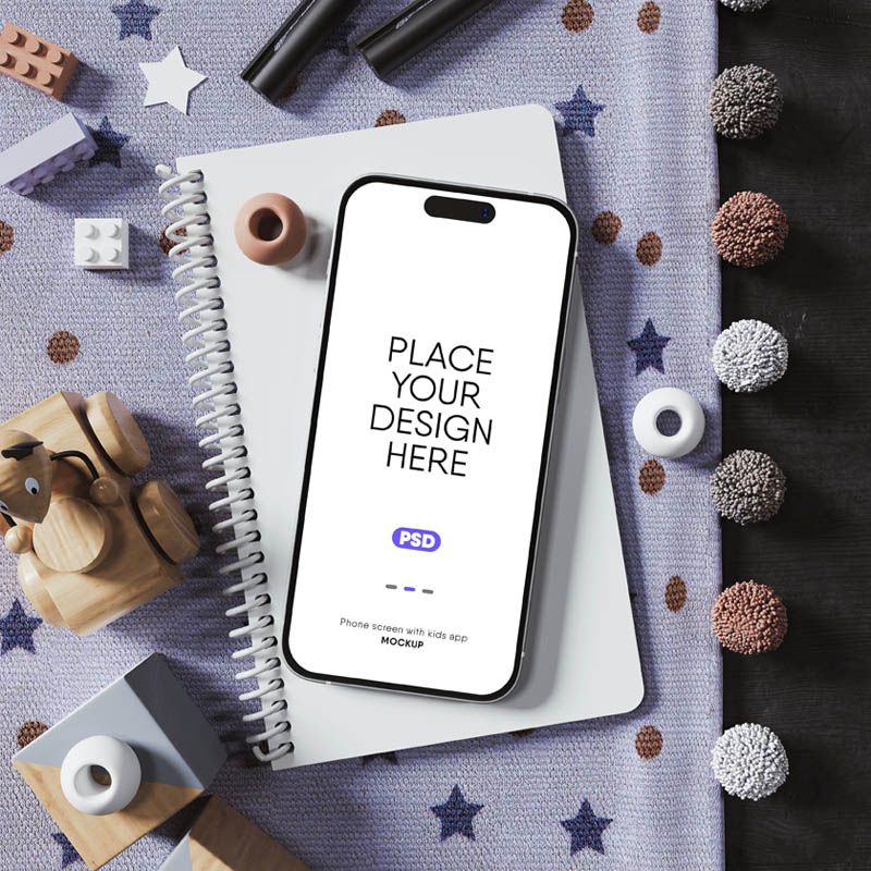iPhone Mockup for Kids Apps in Nursery Scene Free PSD