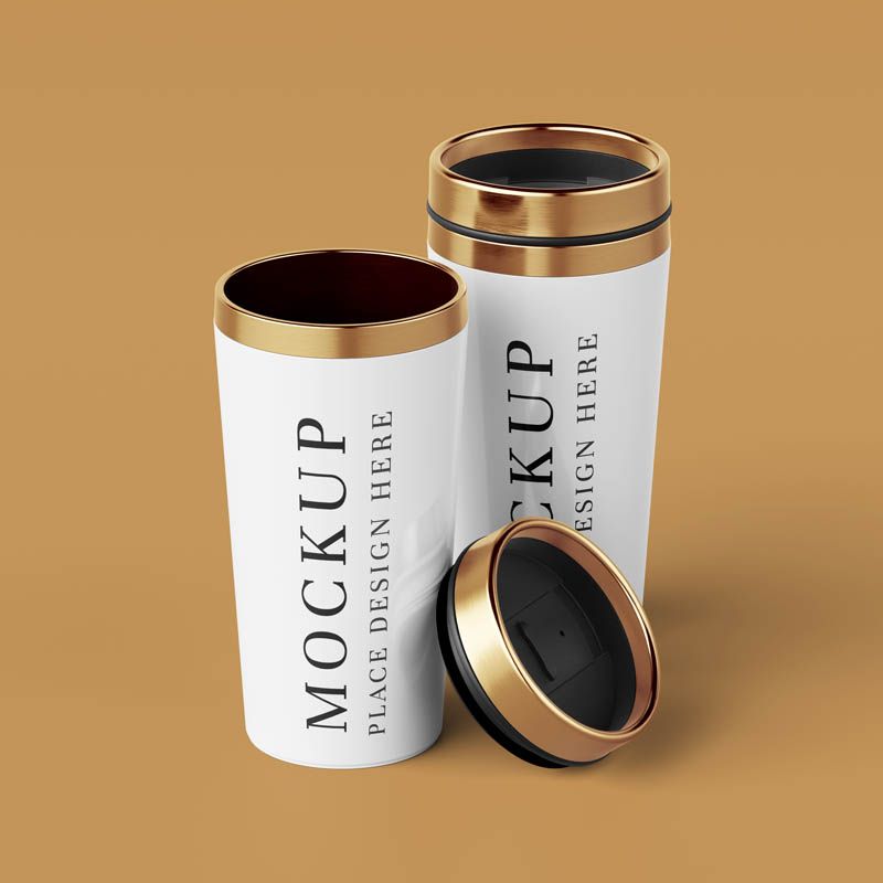 Luxury Coffee Tumbler Mockup with Gold Trim Free PSD
