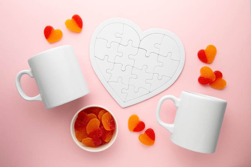 Valentine's Day Mug & Heart Puzzle Mockup Scene Free PSD