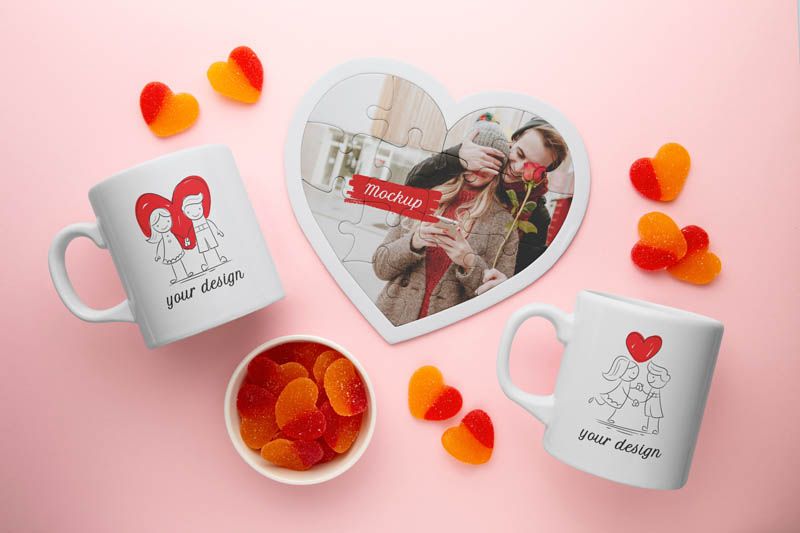 Valentine's Day Mug & Heart Puzzle Mockup Scene Free PSD
