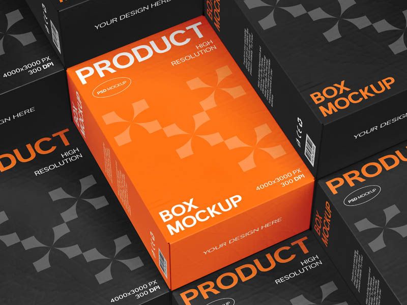 Product Box Mockup with Multiple Boxes Scene Free PSD