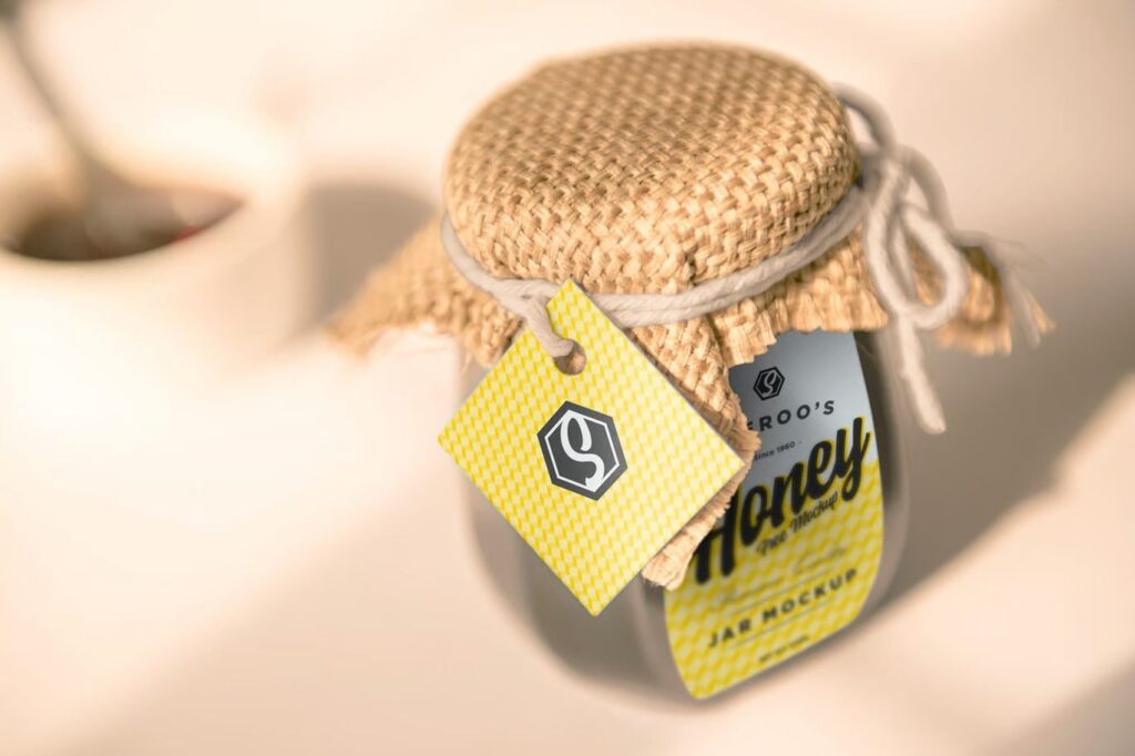 1. Realistic Honey Jar Mockup with Label Tag