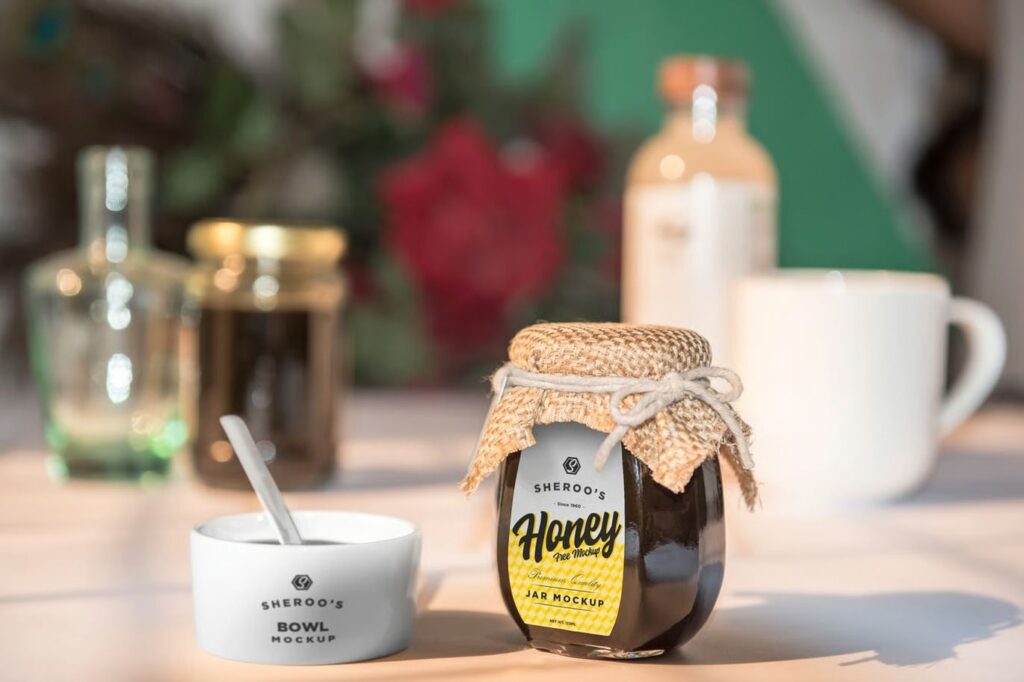 4. Honey Jar with Spoon and Cup Scene Mockup