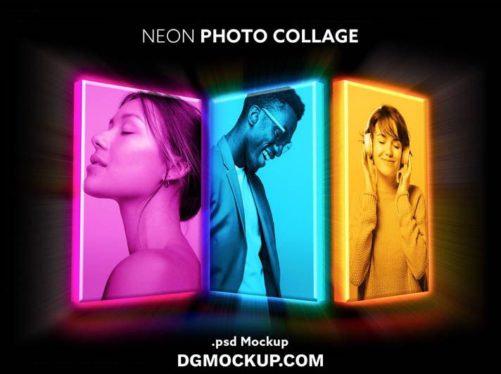 Free Modern Neon Lightbox Photo Collage Mockup PSD