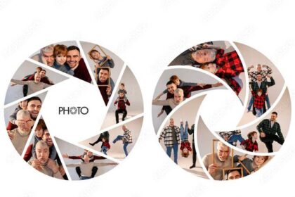 Free Photo Collage Camera Lens Frame Effect PSD Mockup