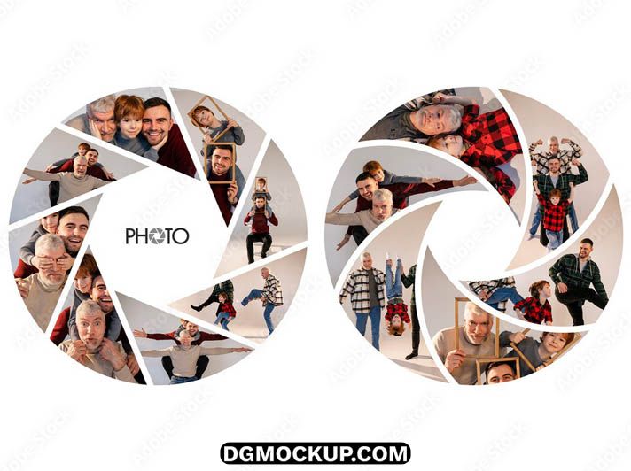 Free Photo Collage Camera Lens Frame Effect PSD Mockup