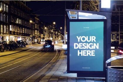 Glowing Bus Shelter Ad Mockup in a Dynamic City Environment Free PSD